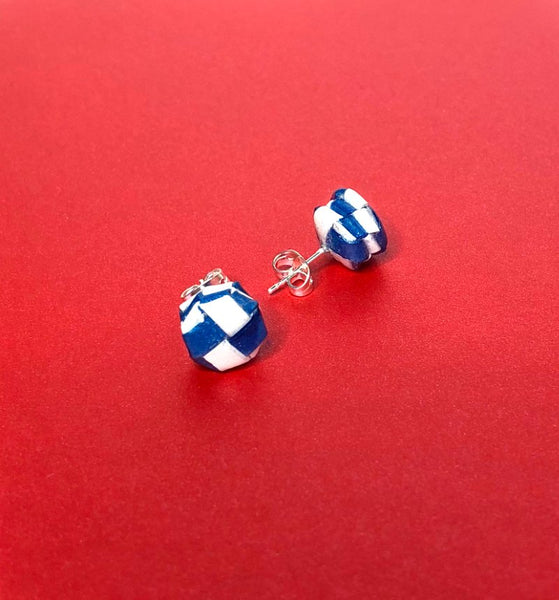 Multi layered Paper Woven Octagonal Dark Blue And White Stud Earrings
