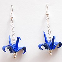 Dark Blue & Silver Chain Origami Crane Earrings