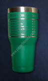 Laser engraved 30 oz green Cuero Gobbler tumbler