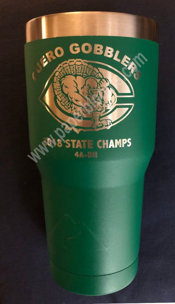 Laser engraved 30 oz green Cuero Gobbler tumbler