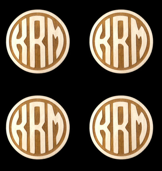 Monogrammed Laser Cut Round Wooden Coasters, Set of 4